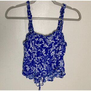 Blue Floral Print Lace Up Tie Sleeveless Ruffle Strap Crop Tank Top XS